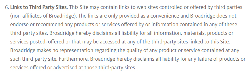 Broadridge Terms of Use: Links to Third Party Sites clause