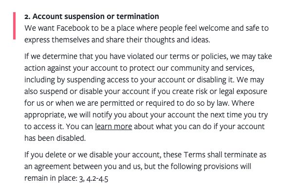 Facebook Terms of Service Account Suspension or Termination clause
