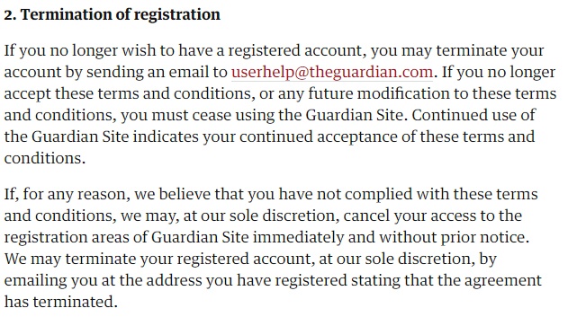 The Guardian Terms of Use: Termination of registration clause