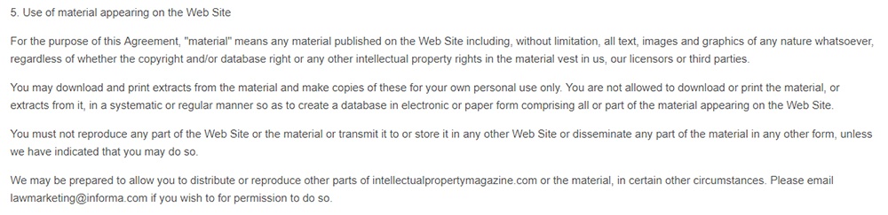 Intellectual Property Magazine Terms of Use: Use of material appearing on web site clause