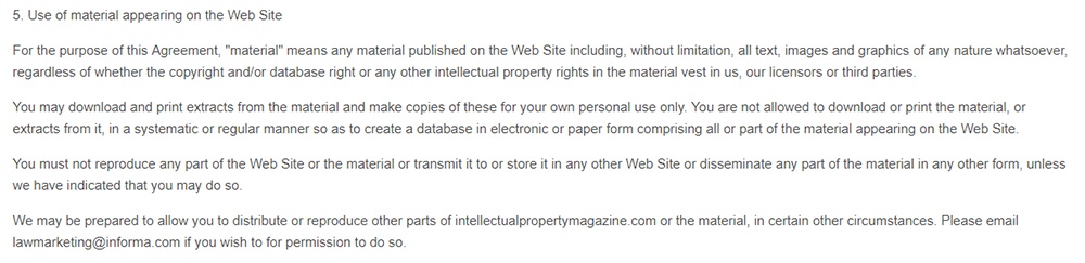Intellectual Property Magazine Terms of Use: Use of material appearing on web site clause