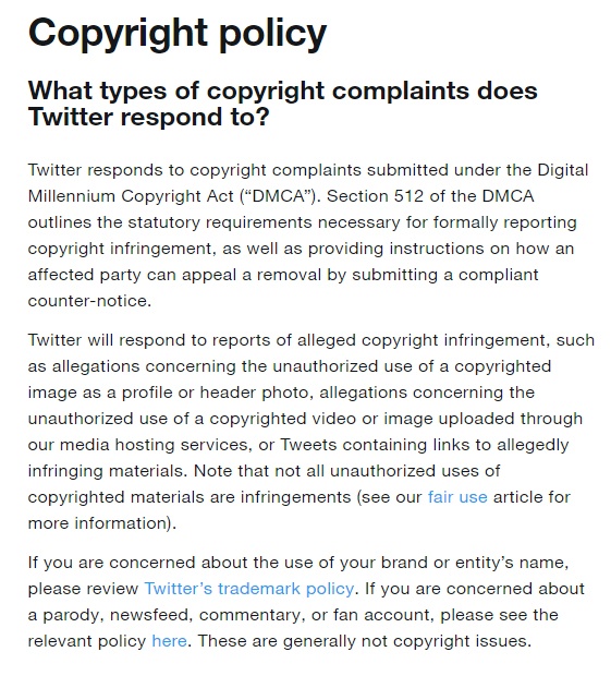 Screenshot of Twitter's Copyright Policy DMCA notice